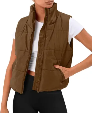 Puffer Vest Women Sleeveless Cropped Stand Collar Lightweight Padded Outerwear with Pockets Fall Winter 2024