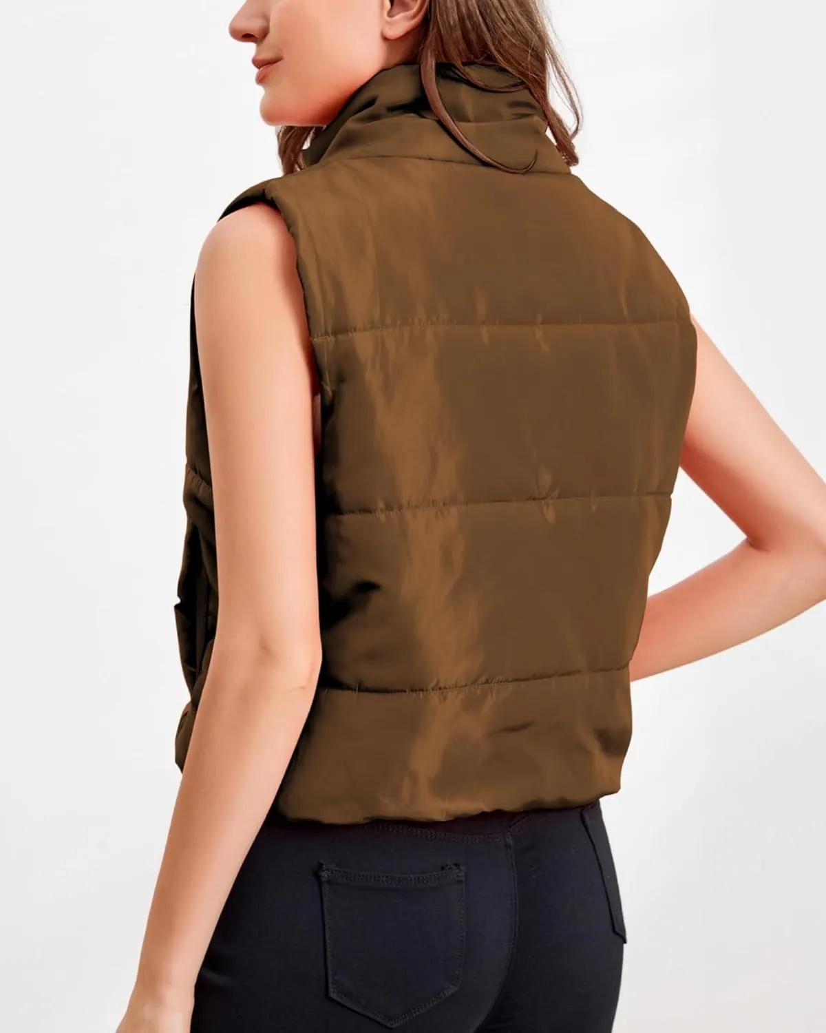 Puffer Vest Women Sleeveless Cropped Stand Collar Lightweight Padded Outerwear with Pockets Fall Winter 2024