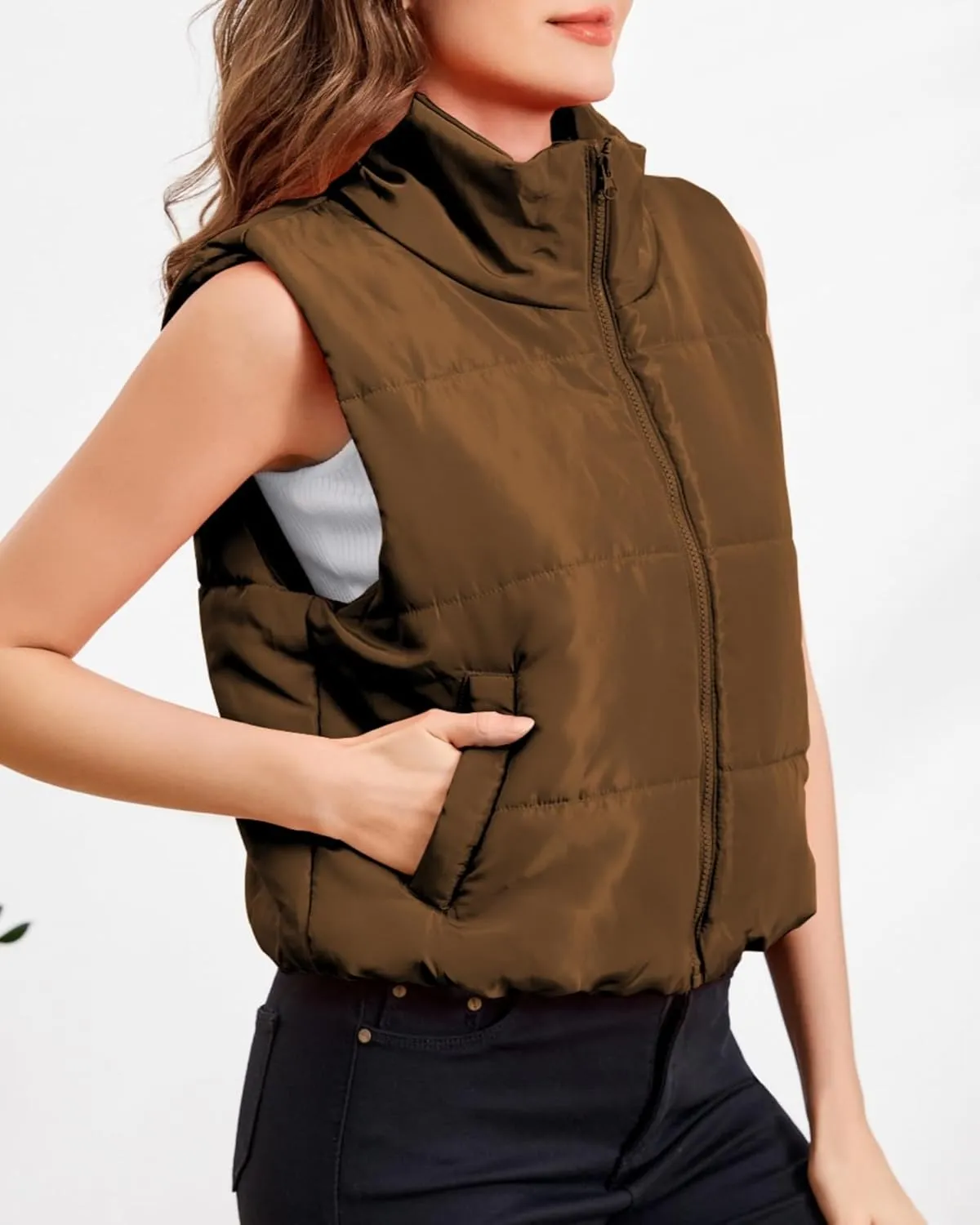 Puffer Vest Women Sleeveless Cropped Stand Collar Lightweight Padded Outerwear with Pockets Fall Winter 2024