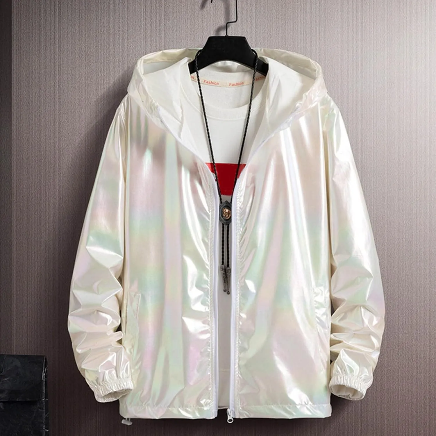 Rainbow Reflective Jacket for Men Trendy Gradient Shiny Hooded Jackets Lightweight Full Zip Runing Jacket