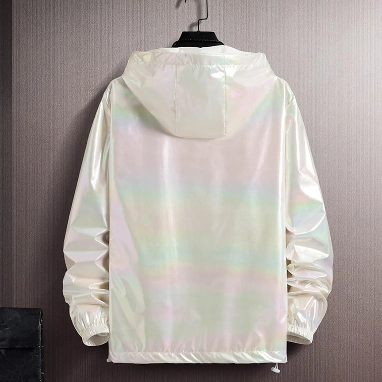 Rainbow Reflective Jacket for Men Trendy Gradient Shiny Hooded Jackets Lightweight Full Zip Runing Jacket
