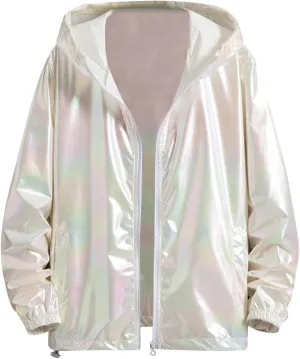 Rainbow Reflective Jacket for Men Trendy Gradient Shiny Hooded Jackets Lightweight Full Zip Runing Jacket