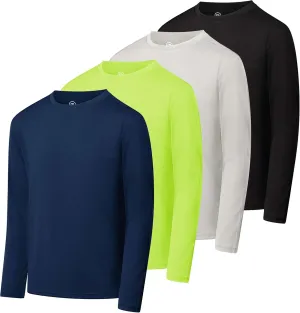 Real Essentials 4 Pack: Boys Youth Dry-Fit Moisture Wicking Active Athletic Performance Long-Sleeve T-Shirt