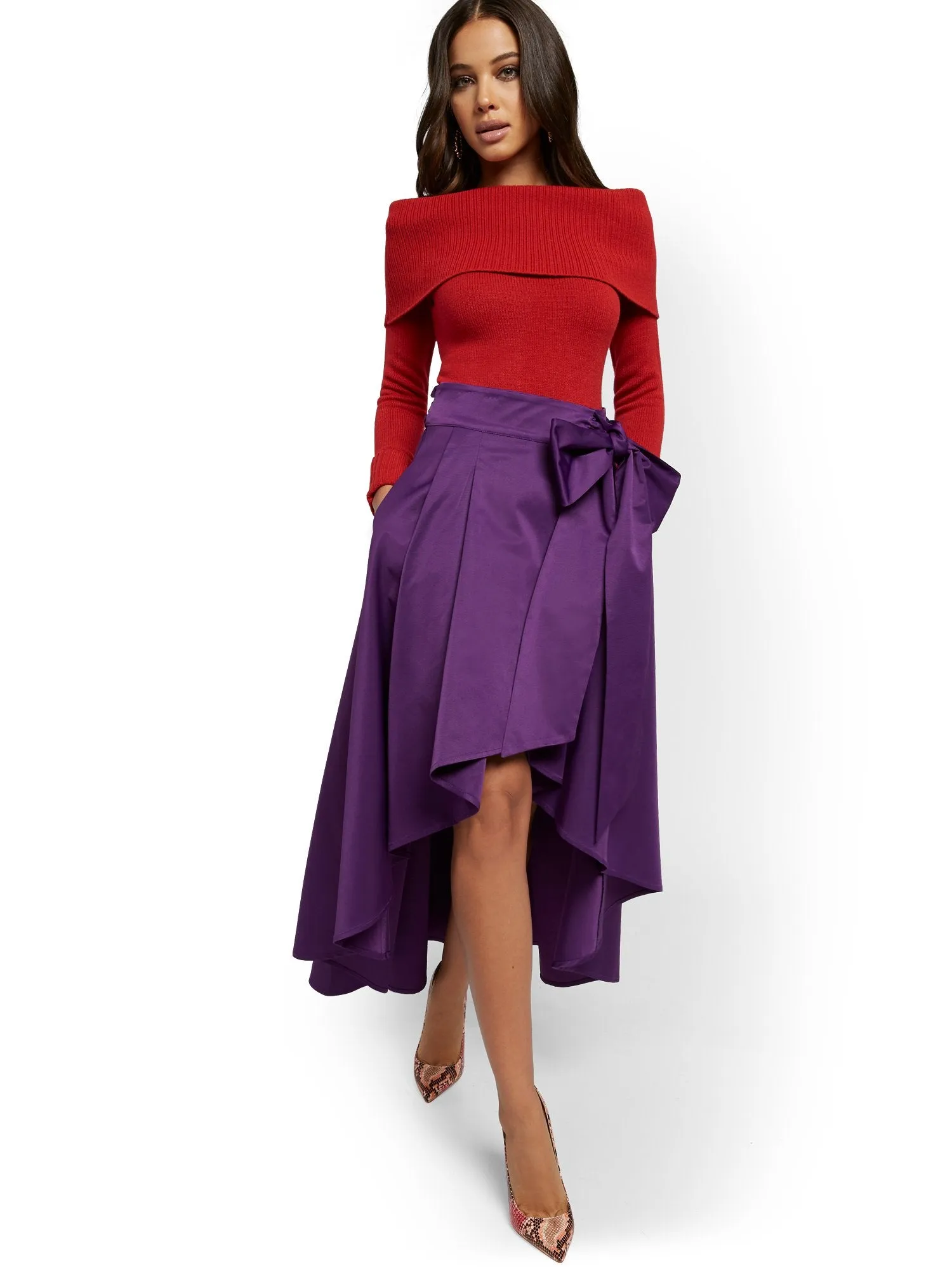 Red One-Shoulder Cowl-Neck Sweater