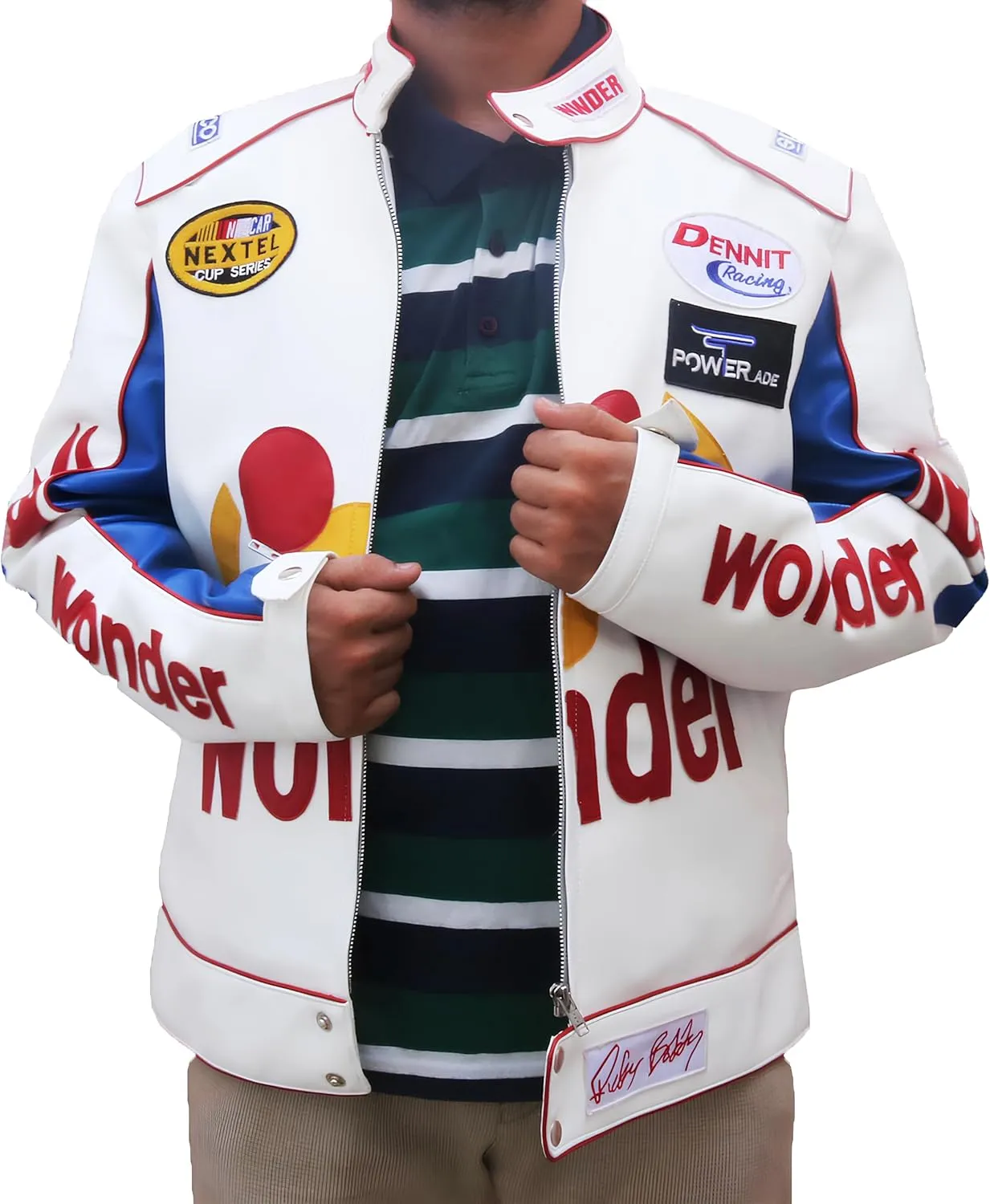 Ricky Bobby White Racing Jacket - Haloween Costume White Patches Racer Motorcycle Faux Leather Jacket