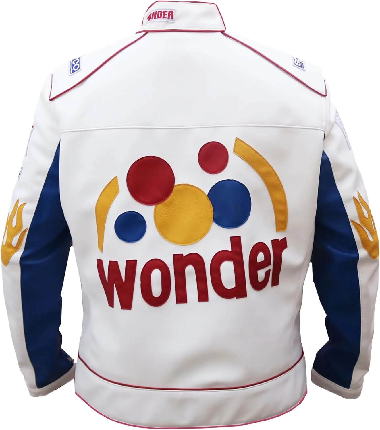 Ricky Bobby White Racing Jacket - Haloween Costume White Patches Racer Motorcycle Faux Leather Jacket