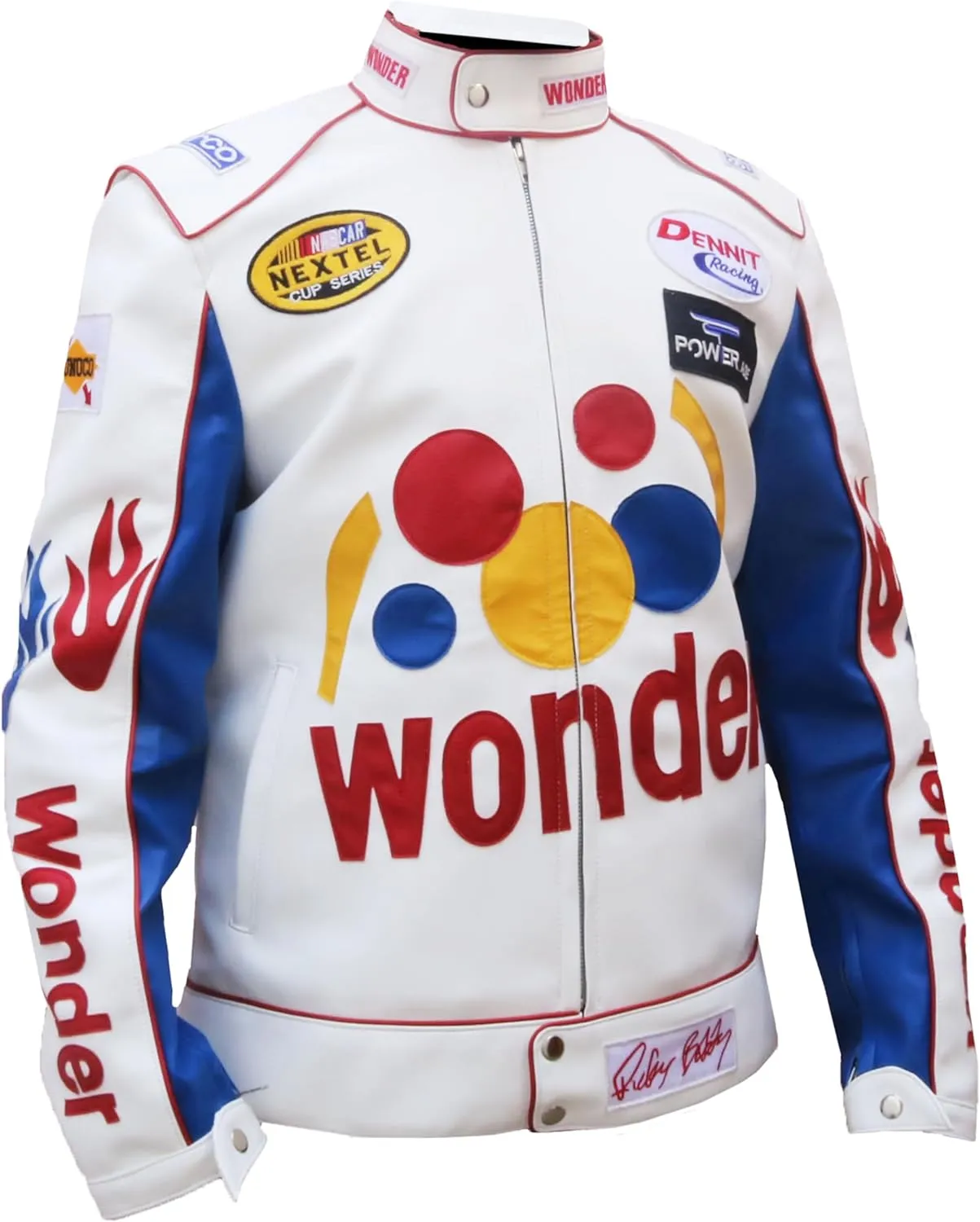 Ricky Bobby White Racing Jacket - Haloween Costume White Patches Racer Motorcycle Faux Leather Jacket
