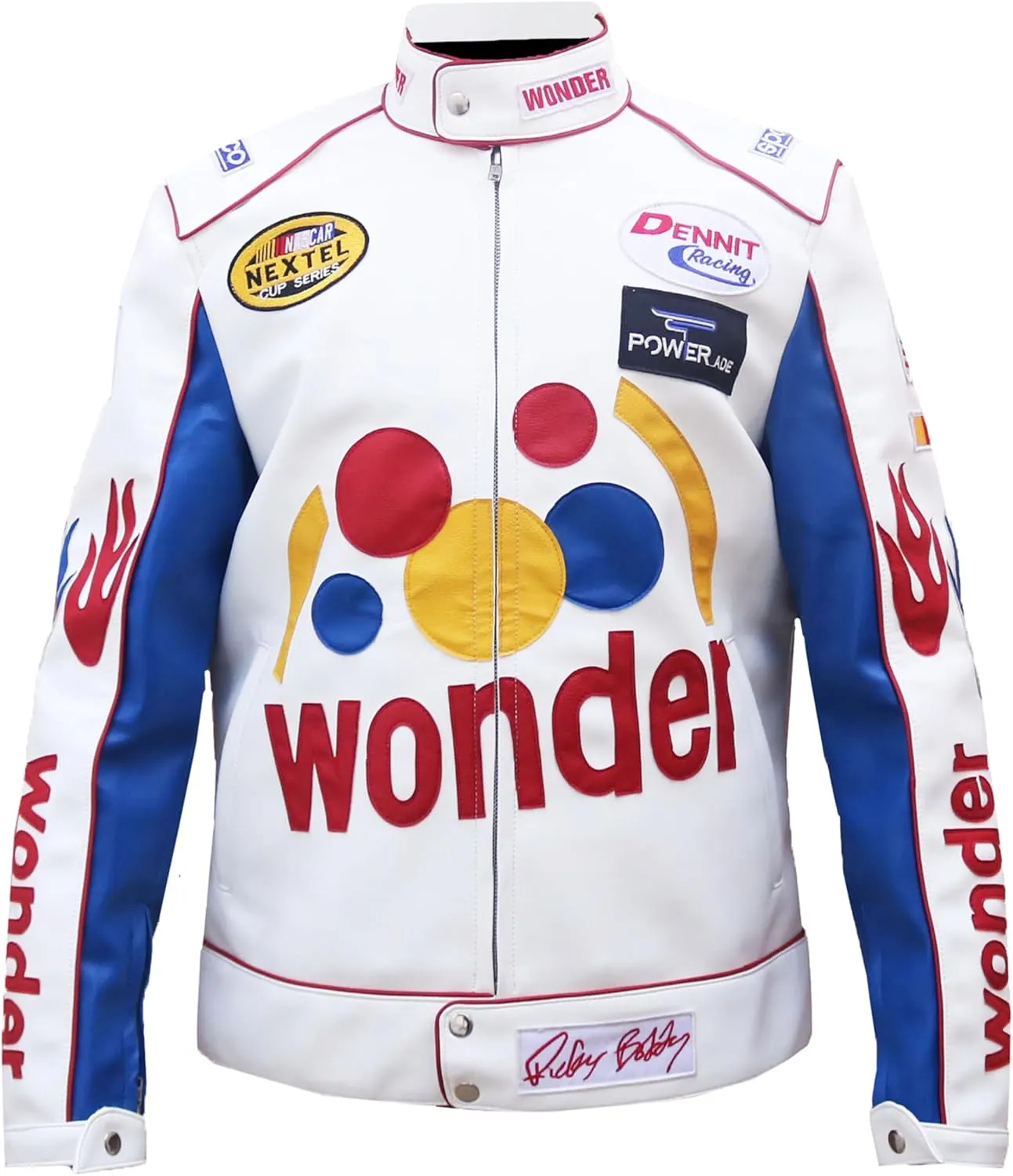 Ricky Bobby White Racing Jacket - Haloween Costume White Patches Racer Motorcycle Faux Leather Jacket