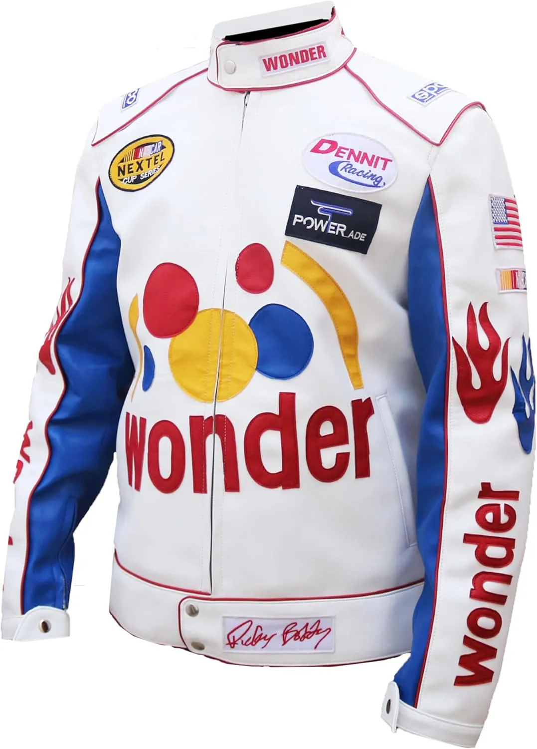 Ricky Bobby White Racing Jacket - Haloween Costume White Patches Racer Motorcycle Faux Leather Jacket