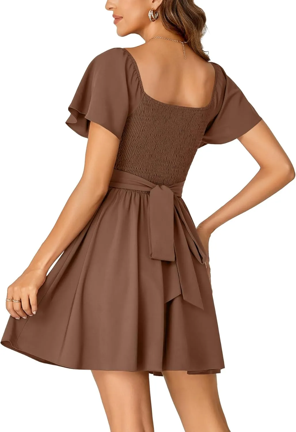 Rooscier Women's Tie Back Square Neck Wrap Ruffle Short Sleeve Flare Mini Dress