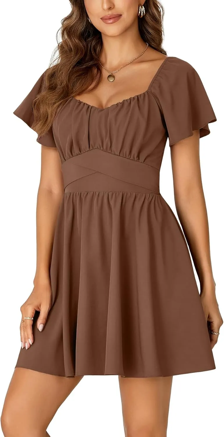Rooscier Women's Tie Back Square Neck Wrap Ruffle Short Sleeve Flare Mini Dress