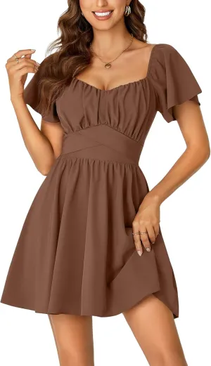 Rooscier Women's Tie Back Square Neck Wrap Ruffle Short Sleeve Flare Mini Dress