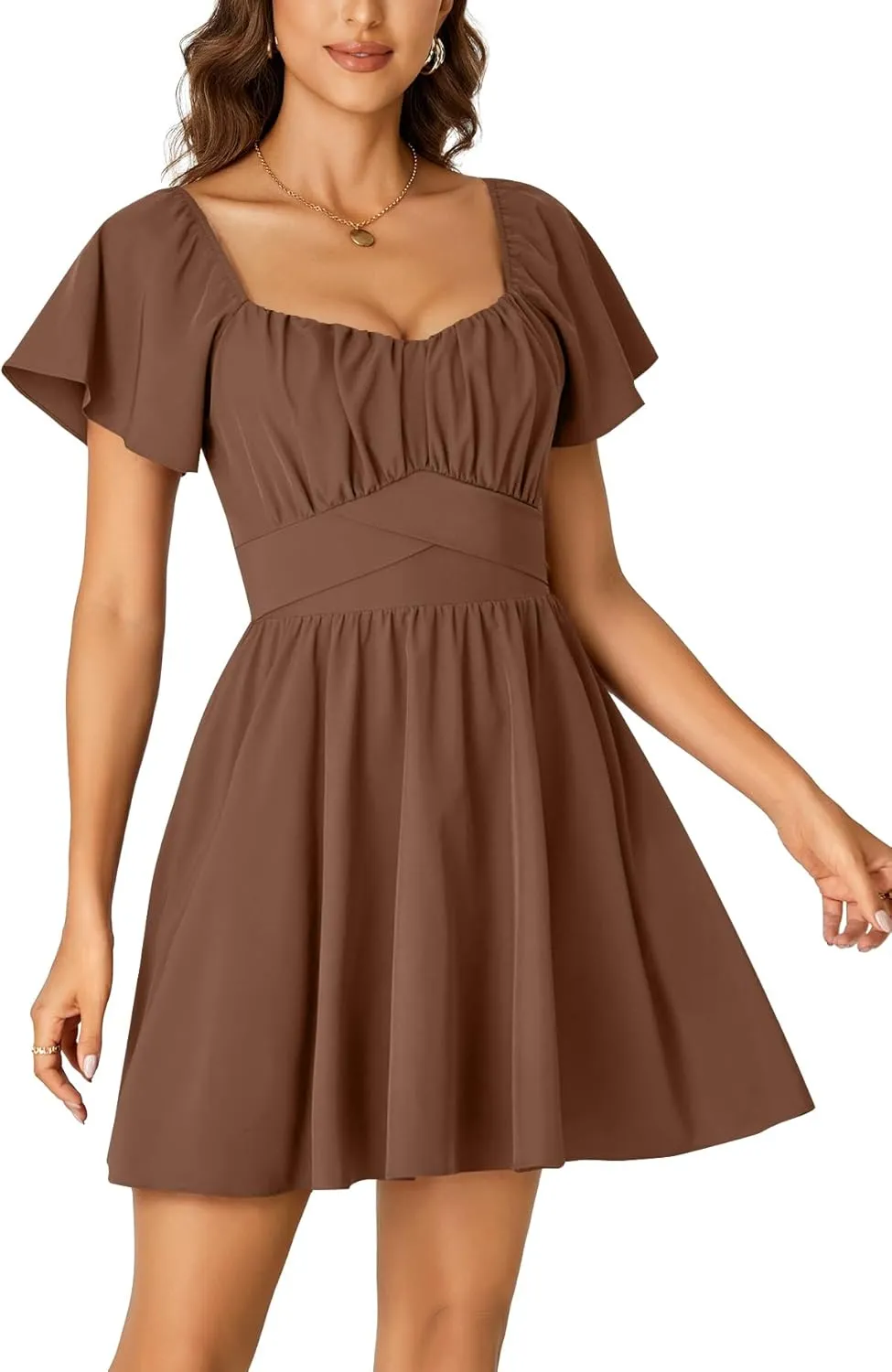 Rooscier Women's Tie Back Square Neck Wrap Ruffle Short Sleeve Flare Mini Dress