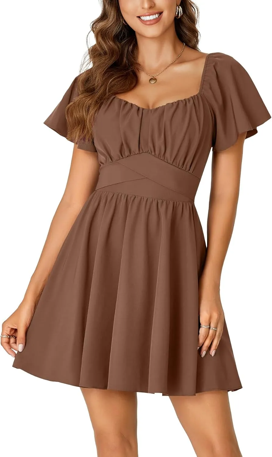Rooscier Women's Tie Back Square Neck Wrap Ruffle Short Sleeve Flare Mini Dress