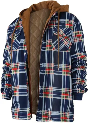 RTRDE Men's Button Down Long Sleeve Shirts Hooded Jacket Plaid Shirts Quilted Lined Fall Winter Coat Shirt, M-5XL