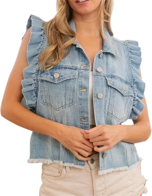 Ruffle Sleeve Denim Vest for Women Sleeveless Jean Vest Jacket Coat with Fray Hem