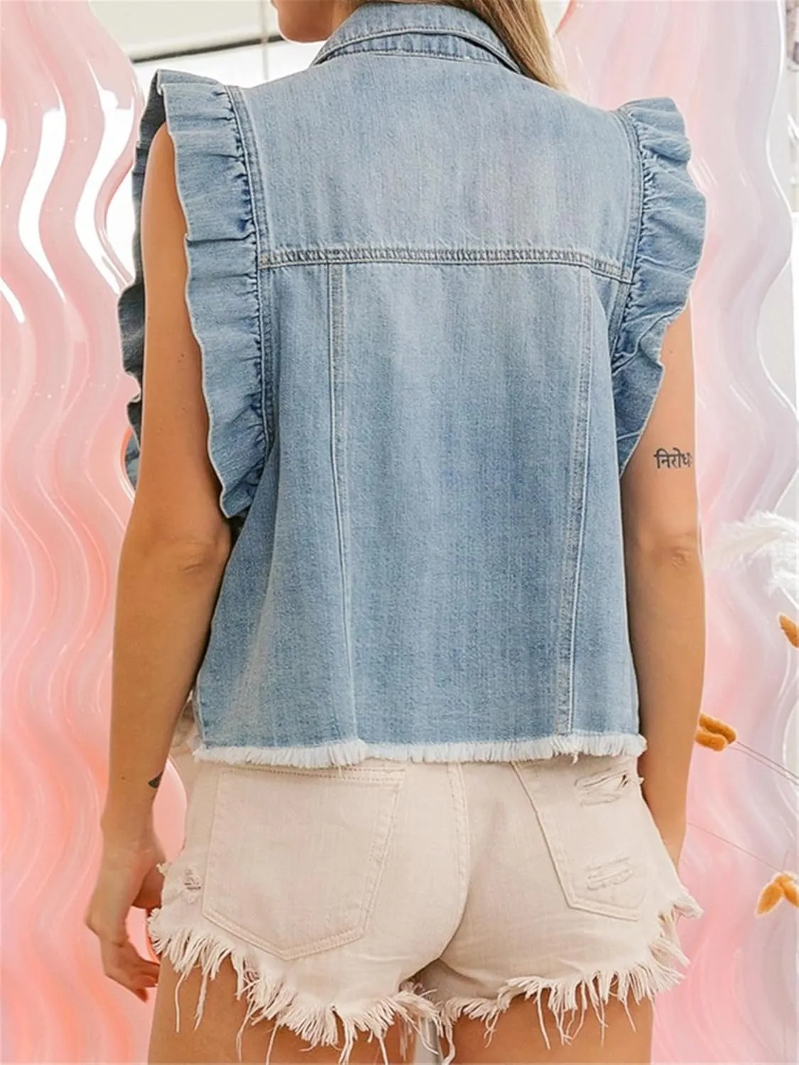 Ruffle Sleeve Denim Vest for Women Sleeveless Jean Vest Jacket Coat with Fray Hem