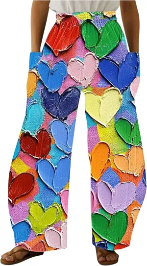 Ruziyoog Valentine Day Pants for for Women Casual High Waist Wide Leg Pants Heart Print Long Palazzo Pants Lounge Trousers