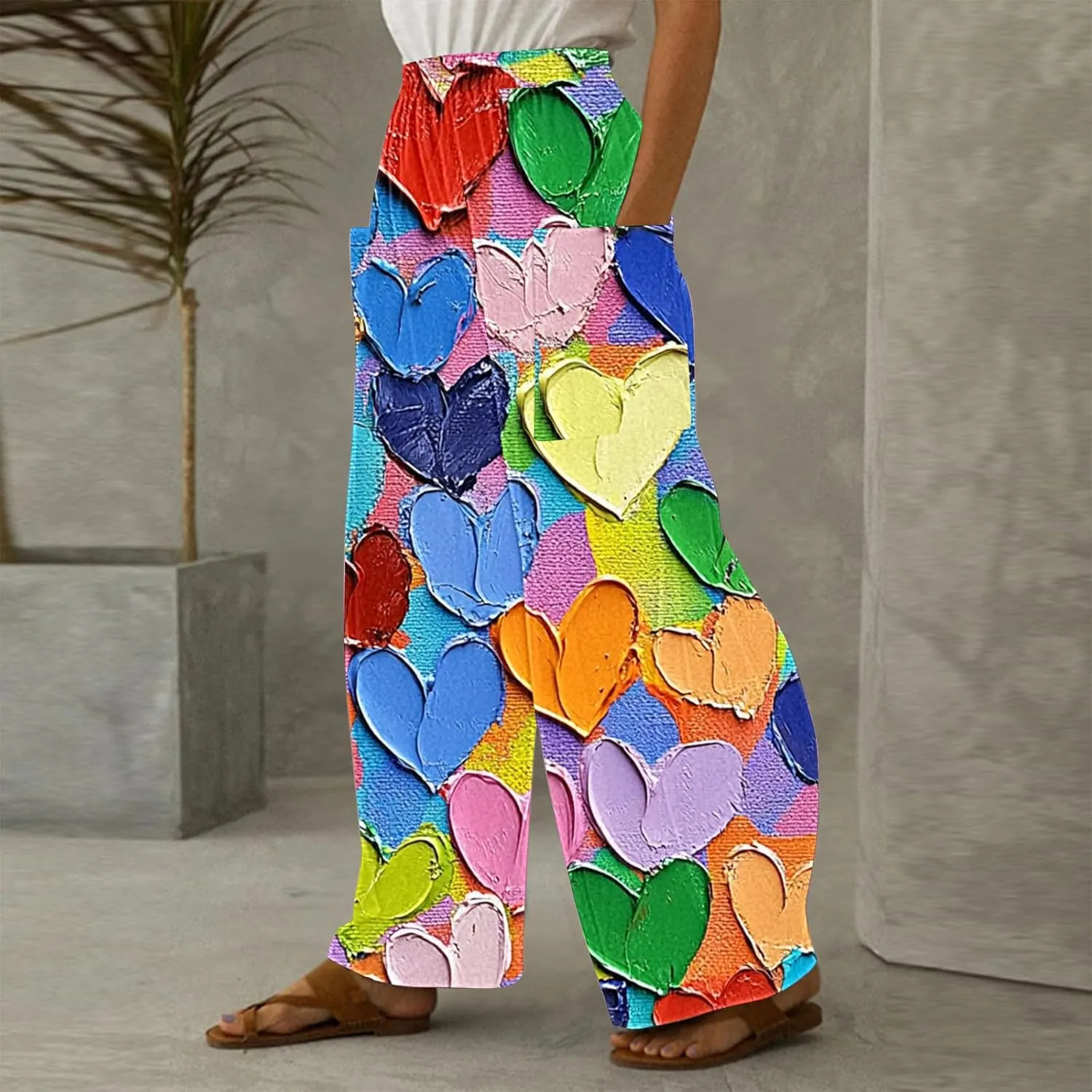 Ruziyoog Valentine Day Pants for for Women Casual High Waist Wide Leg Pants Heart Print Long Palazzo Pants Lounge Trousers