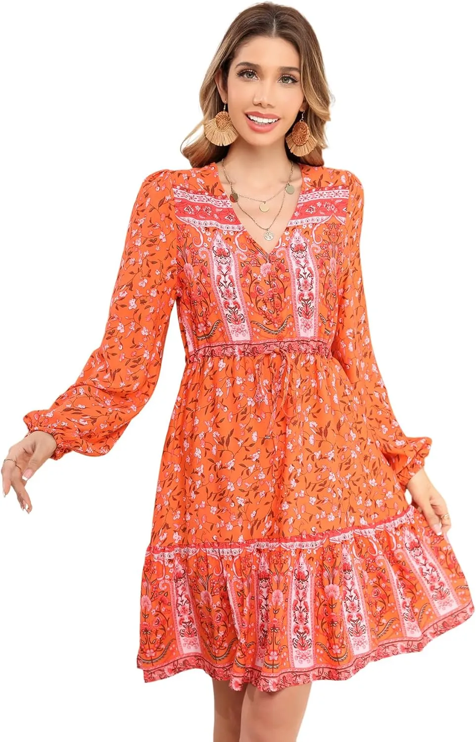 R.Vivimos Women's Cotton Long Sleeves V-Neck Button Up Floral Print Bohemian Flowy Mini Dress