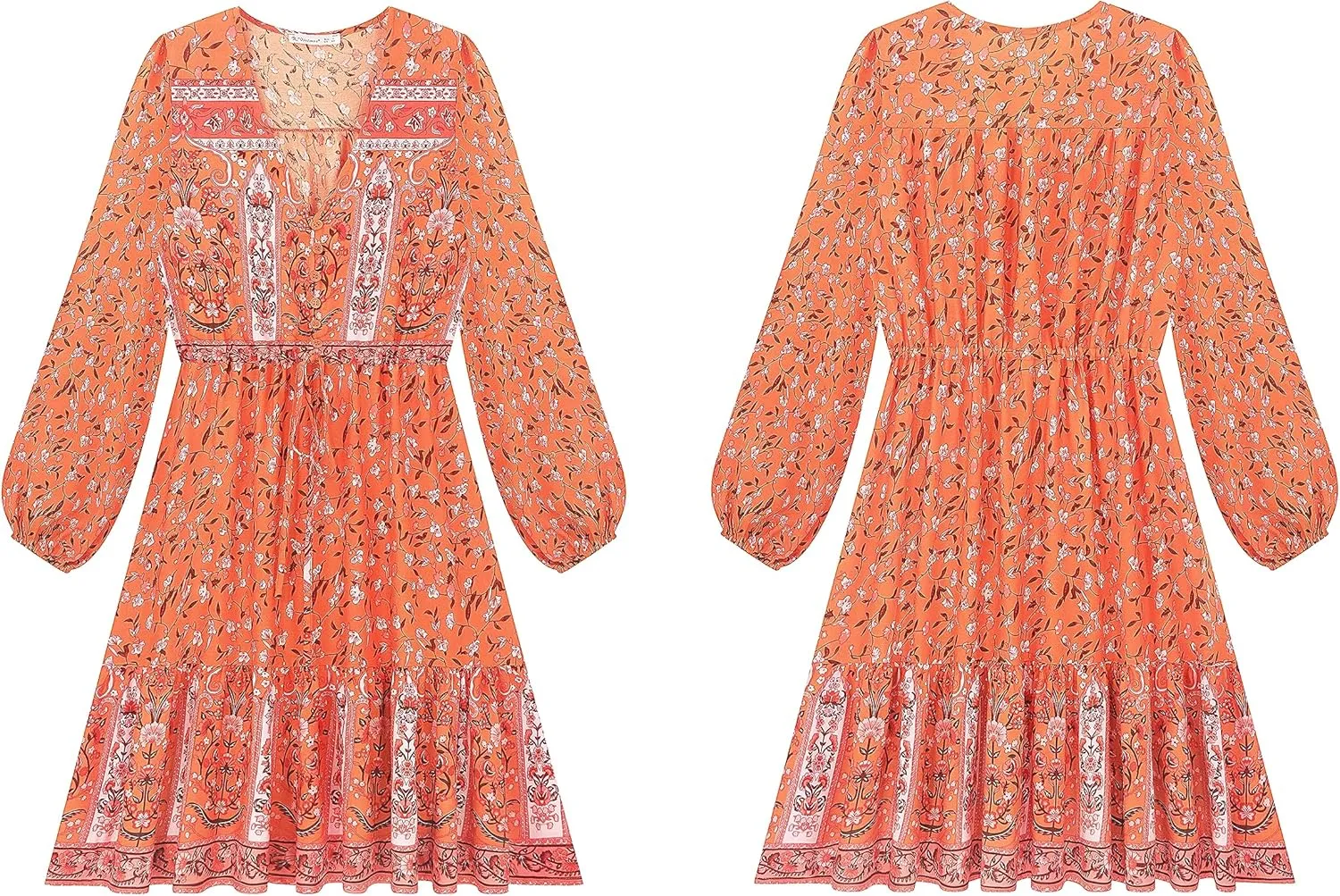 R.Vivimos Women's Cotton Long Sleeves V-Neck Button Up Floral Print Bohemian Flowy Mini Dress