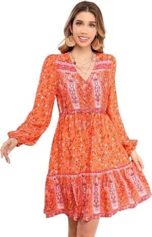 R.Vivimos Women's Cotton Long Sleeves V-Neck Button Up Floral Print Bohemian Flowy Mini Dress