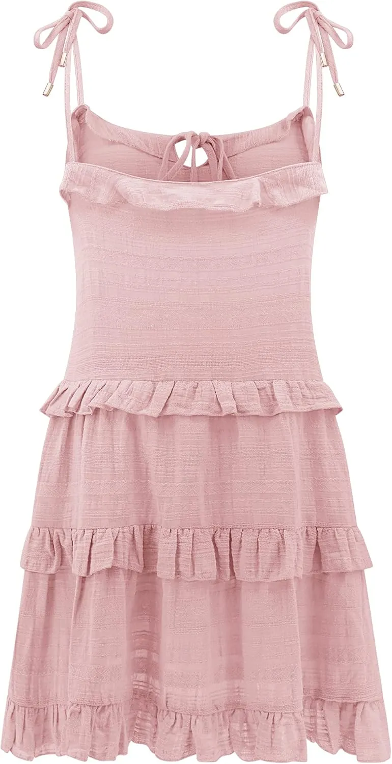 R.Vivimos Women's Summer Cotton Spaghetti Straps Layered Ruffles Casual Mini Dress