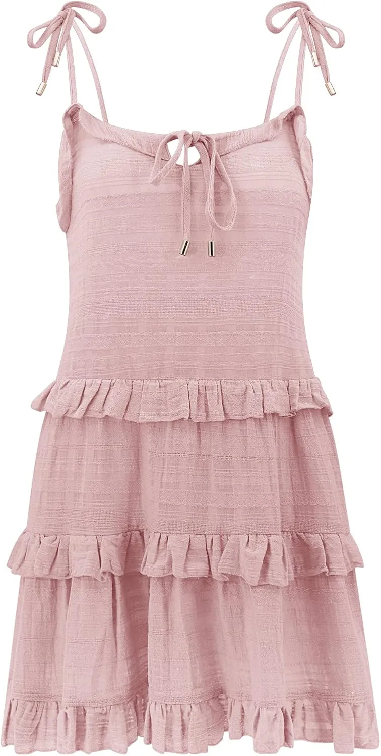 R.Vivimos Women's Summer Cotton Spaghetti Straps Layered Ruffles Casual Mini Dress
