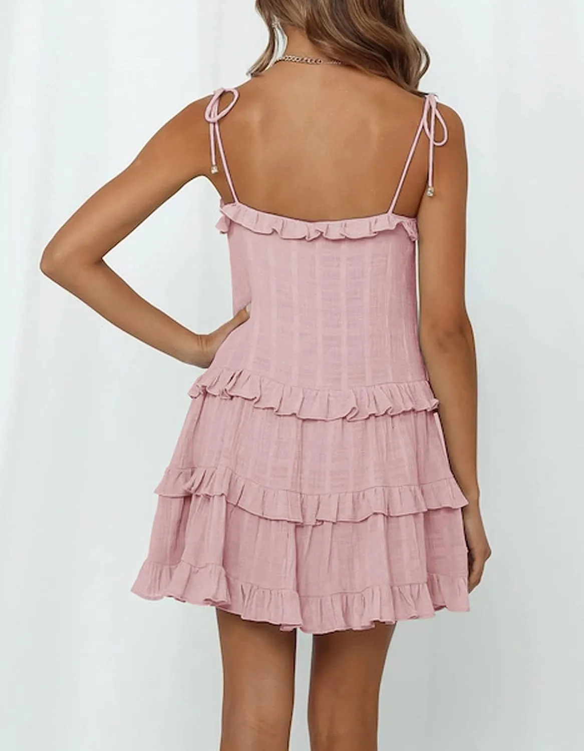 R.Vivimos Women's Summer Cotton Spaghetti Straps Layered Ruffles Casual Mini Dress