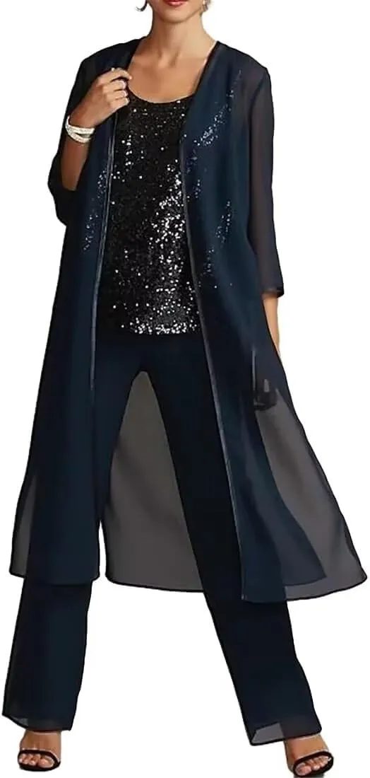 Saprkly Sequins Mother of The Bride Pant Suits for Women Chiffon Formal Evening Dress