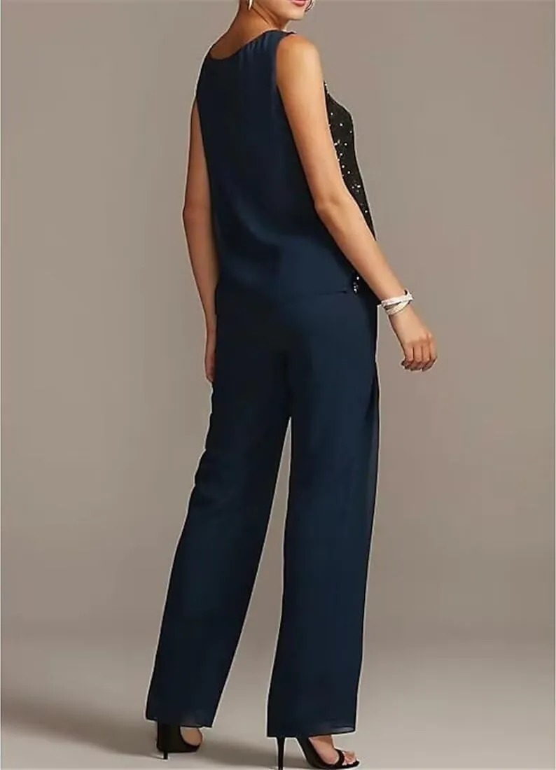 Saprkly Sequins Mother of The Bride Pant Suits for Women Chiffon Formal Evening Dress