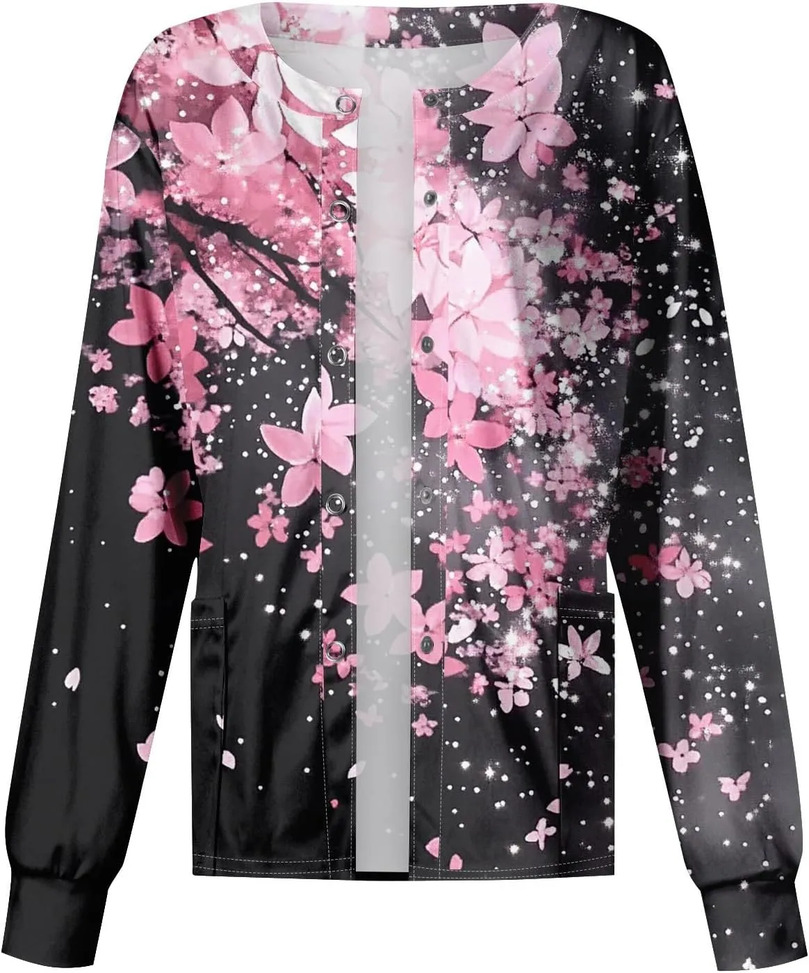 Scrub Jackets for Women Stretchy Patterned Long Sleeve Scrubs Uniforms Button Down Nursing Shirt with Pockets