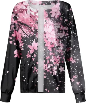 Scrub Jackets for Women Stretchy Patterned Long Sleeve Scrubs Uniforms Button Down Nursing Shirt with Pockets
