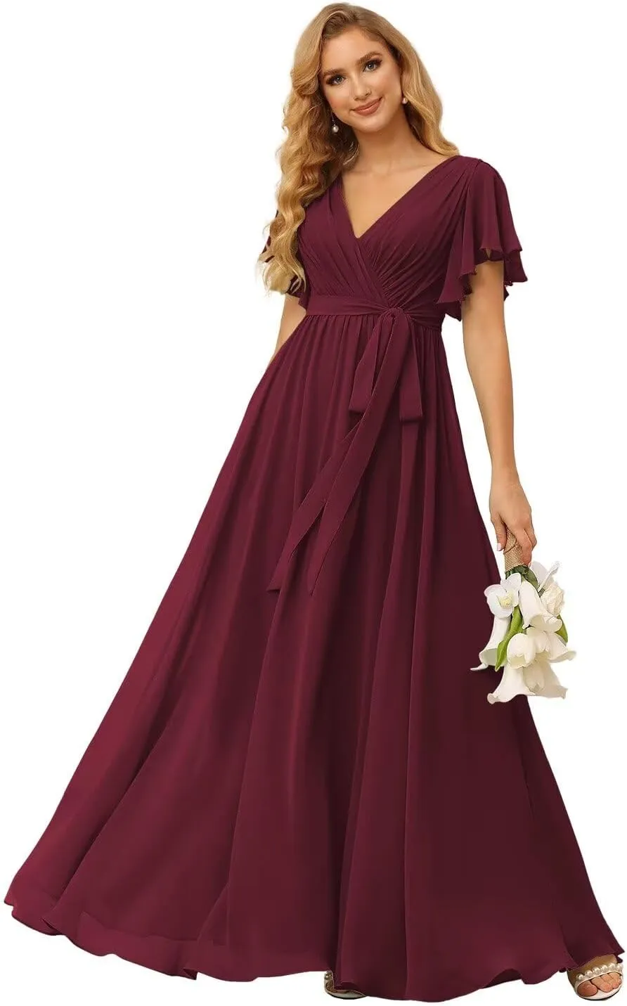 SEIM Women's Flutter Sleeve Bridesmaid Dresses Long V Neck Chiffon Formal Dresses with Pockets SE101