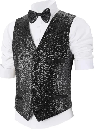 Sequin Vest Party Formal V-neck Shiny Waistcoat Bowtie Set for Wedding Events Mardi Gras St Patricks day Carnival