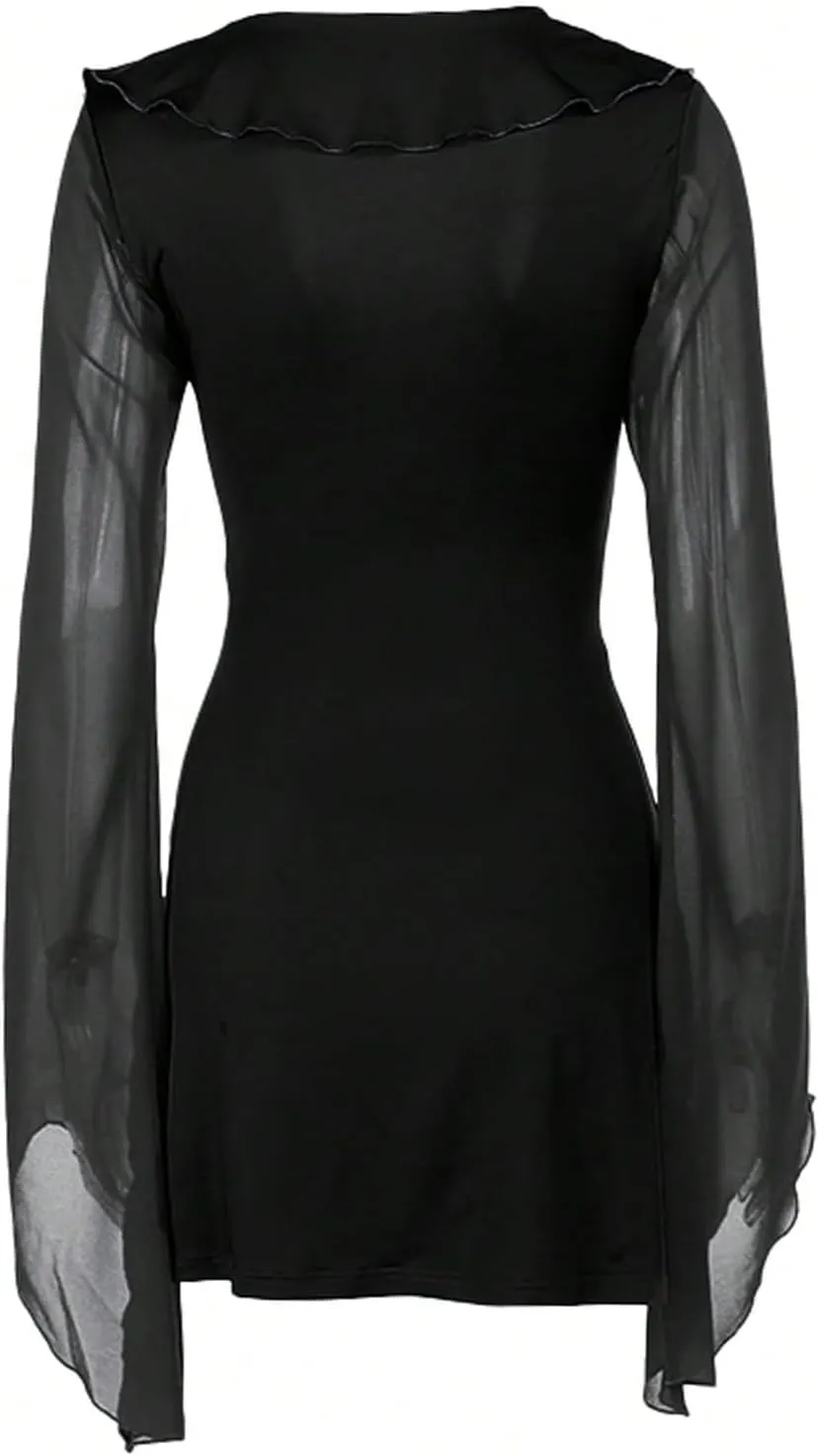 SHENHE Women's Ruffle Trim Deep V Neck Tie Front Mesh Long Sleeve Fit and Flare Mini Dress