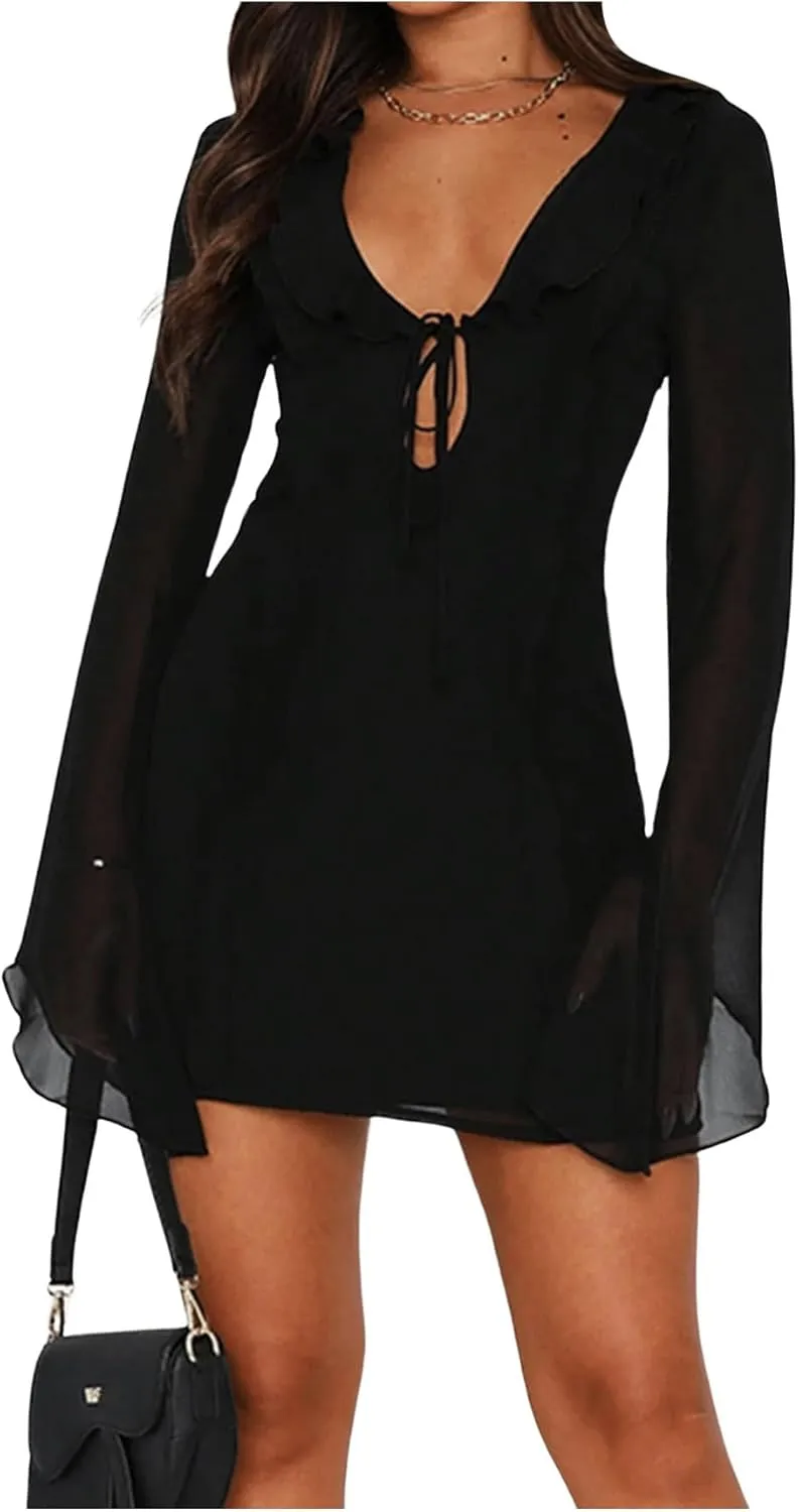 SHENHE Women's Ruffle Trim Deep V Neck Tie Front Mesh Long Sleeve Fit and Flare Mini Dress