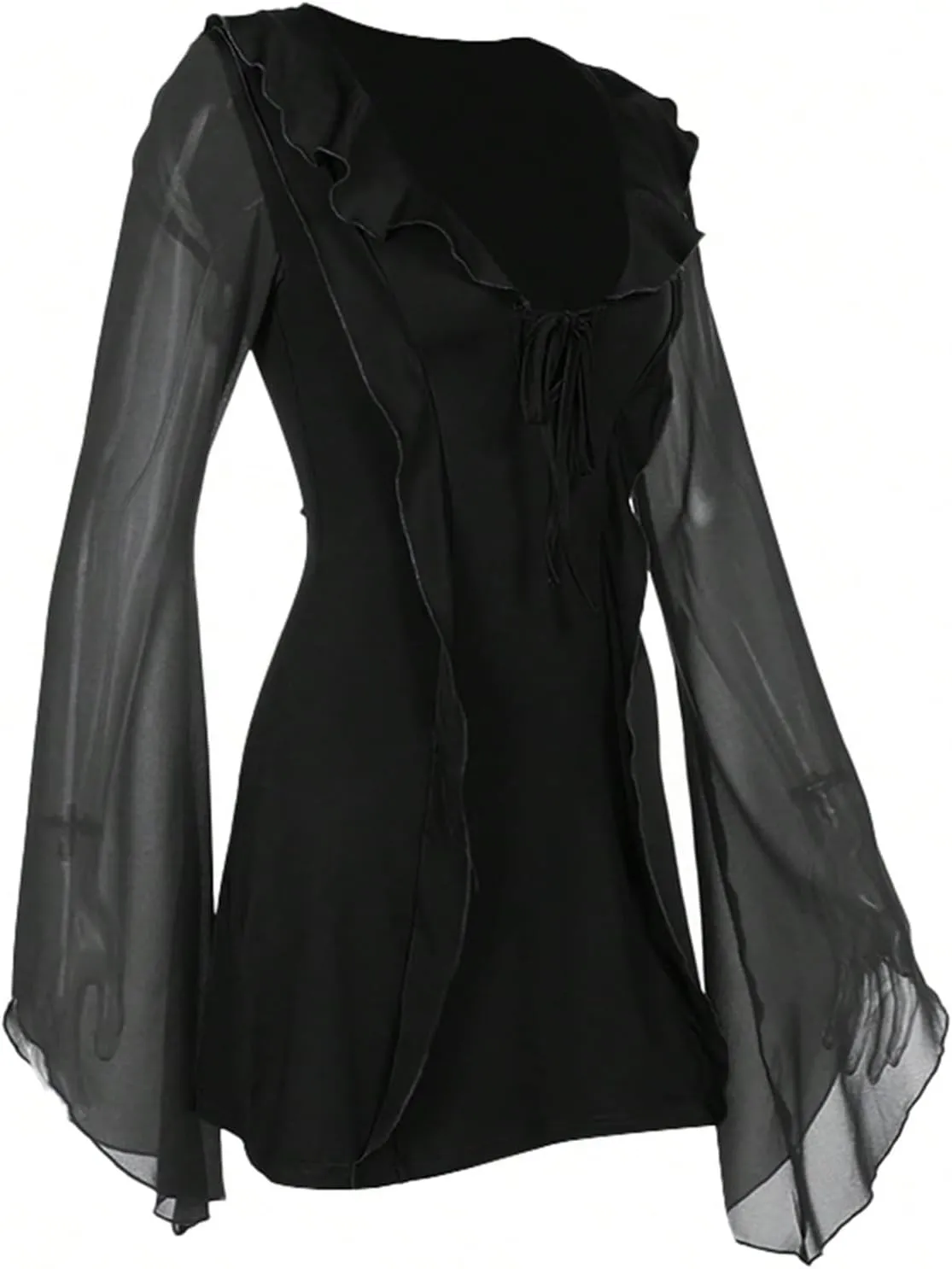 SHENHE Women's Ruffle Trim Deep V Neck Tie Front Mesh Long Sleeve Fit and Flare Mini Dress
