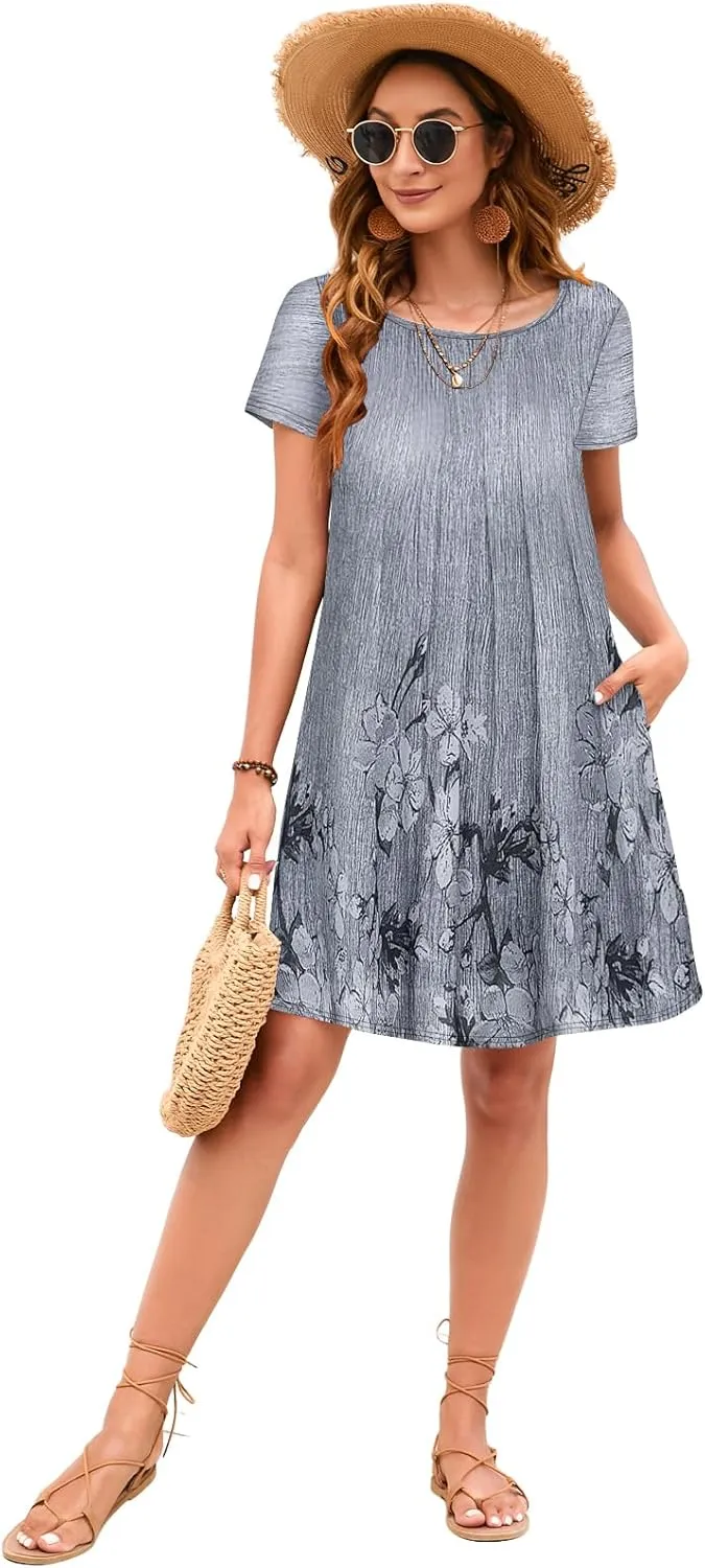 Sherosa Women's Summer Dresses 2025 Beach Boho Sundress Short Sleeve Loose Casual Tshirt Dress with Pockets