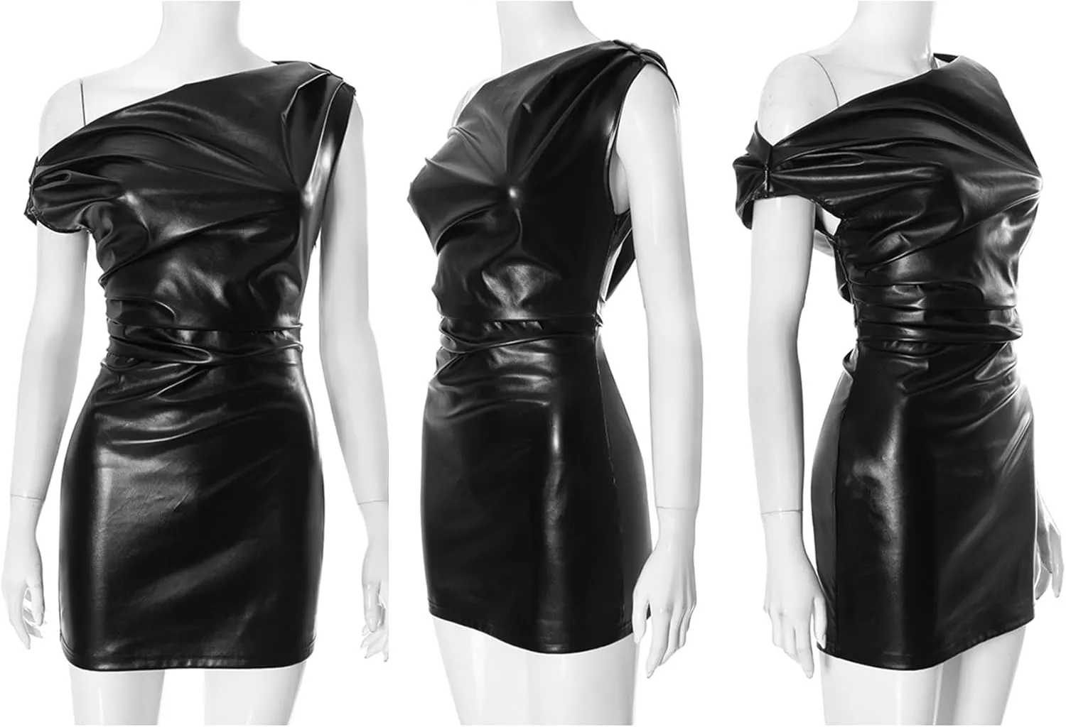 SHINFY Women's Sexy PU Leather Mini Dress Off Shoulder Ruched Bodycon Metallic Shiny Party Club Dresses