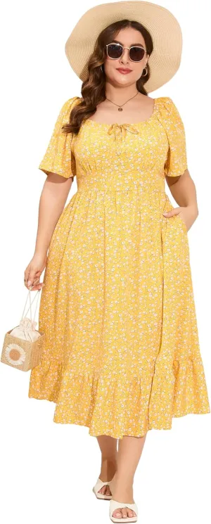 ShopWonder Womens Plus Size Square Neck Floral Print Summer Dress Ruffle Short Sleeve Tie Front Slit Hem Boho Maxi Dress