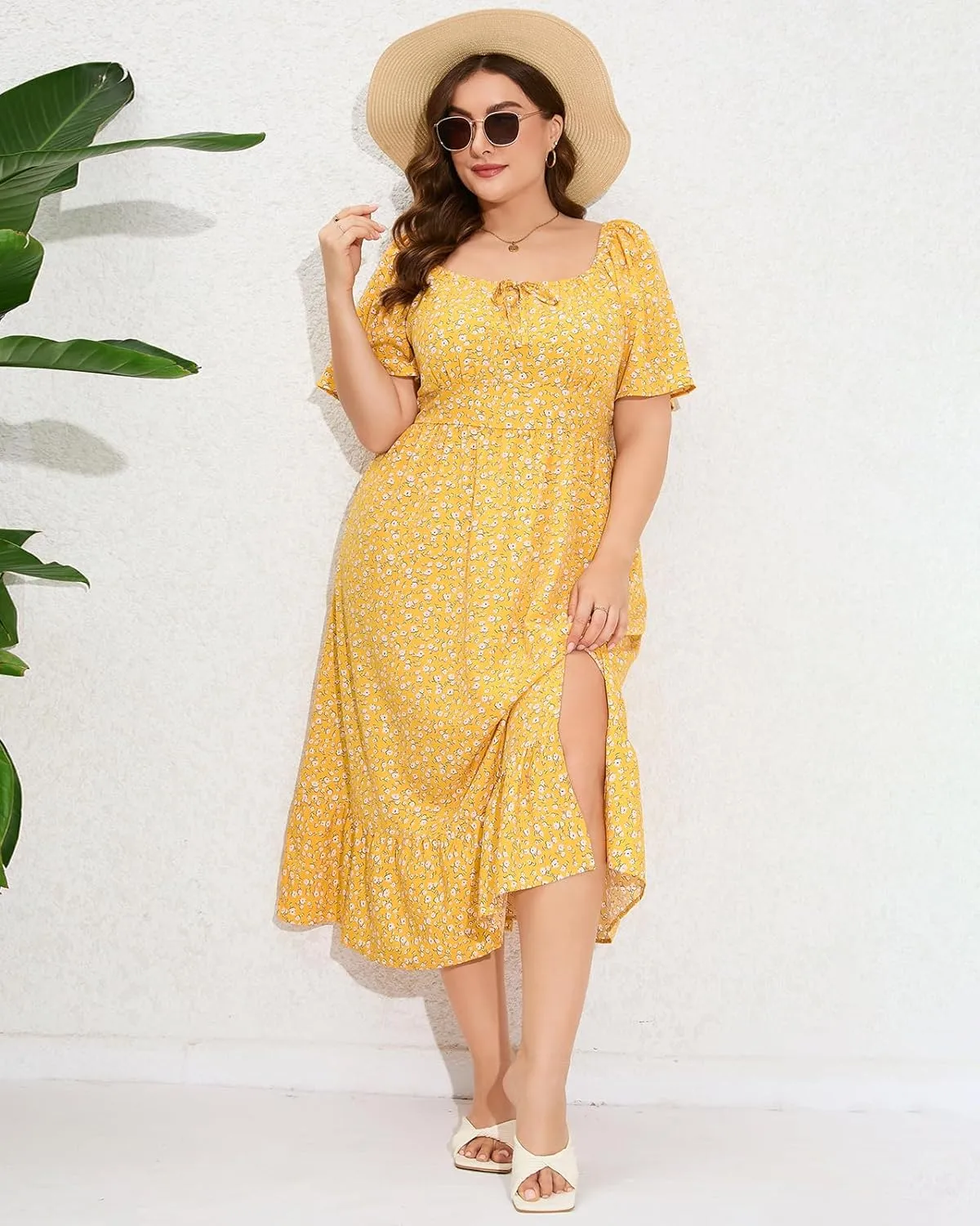 ShopWonder Womens Plus Size Square Neck Floral Print Summer Dress Ruffle Short Sleeve Tie Front Slit Hem Boho Maxi Dress
