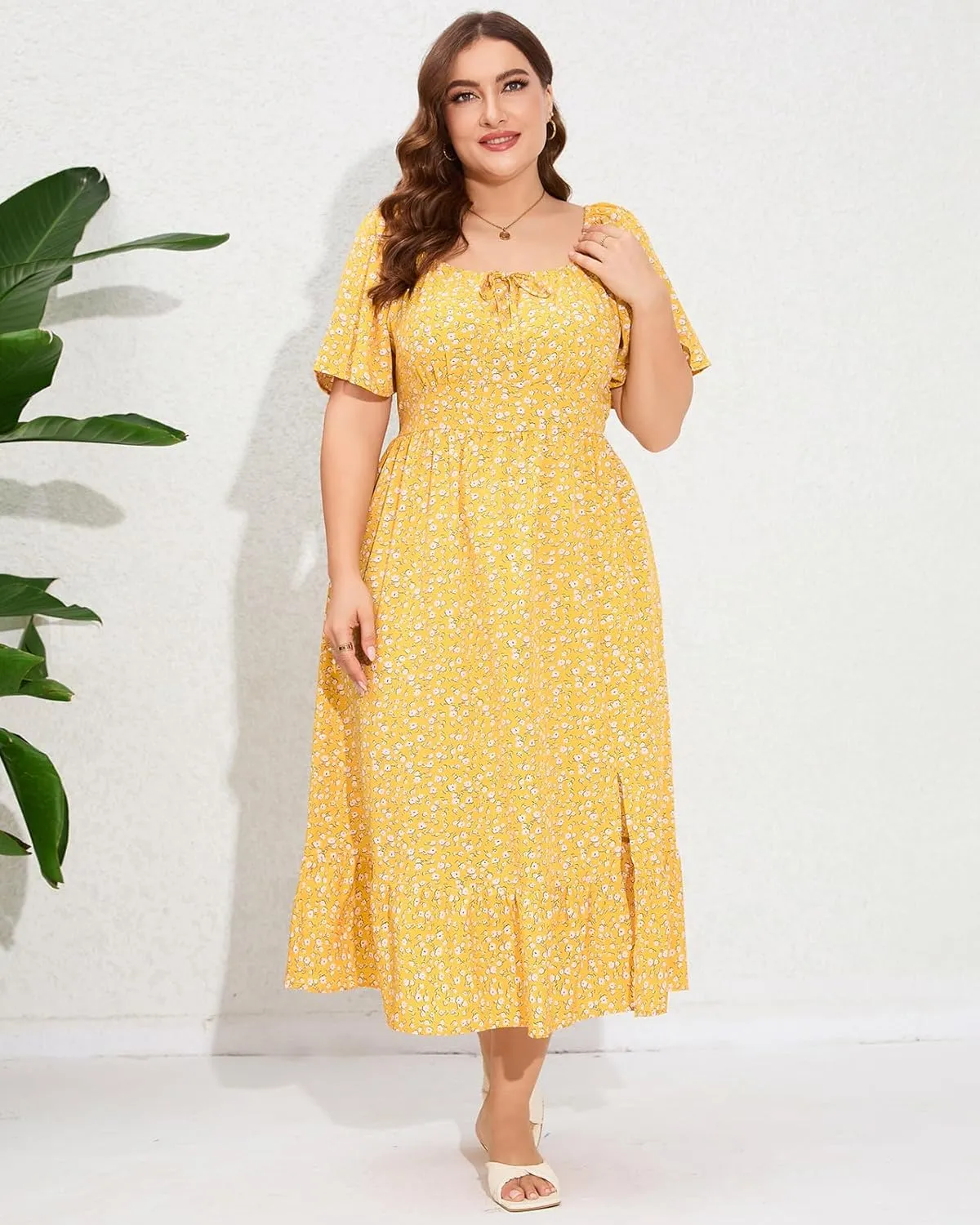 ShopWonder Womens Plus Size Square Neck Floral Print Summer Dress Ruffle Short Sleeve Tie Front Slit Hem Boho Maxi Dress