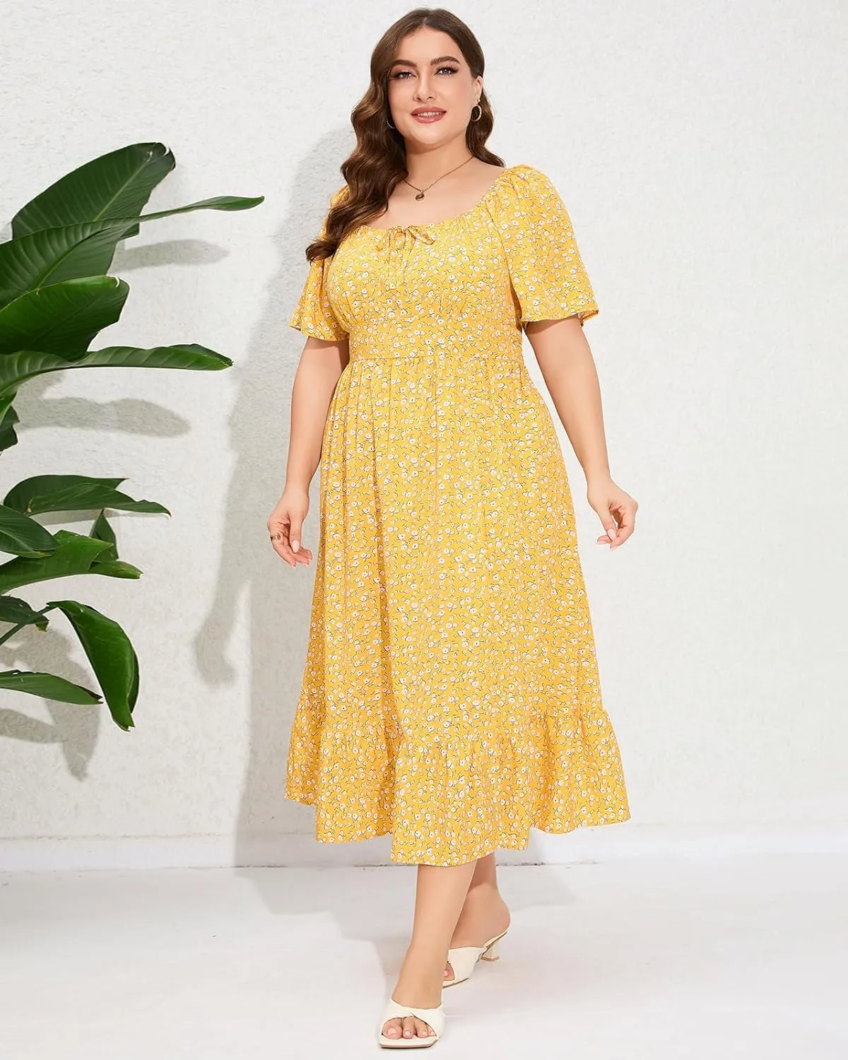 ShopWonder Womens Plus Size Square Neck Floral Print Summer Dress Ruffle Short Sleeve Tie Front Slit Hem Boho Maxi Dress