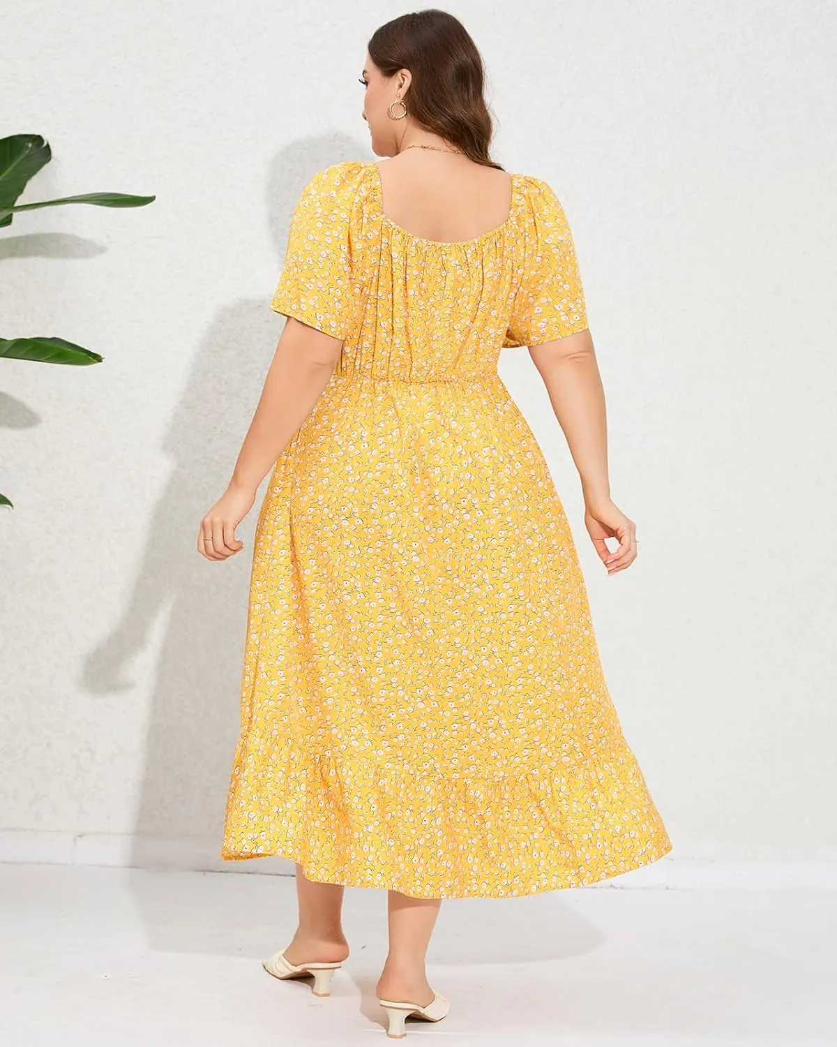 ShopWonder Womens Plus Size Square Neck Floral Print Summer Dress Ruffle Short Sleeve Tie Front Slit Hem Boho Maxi Dress