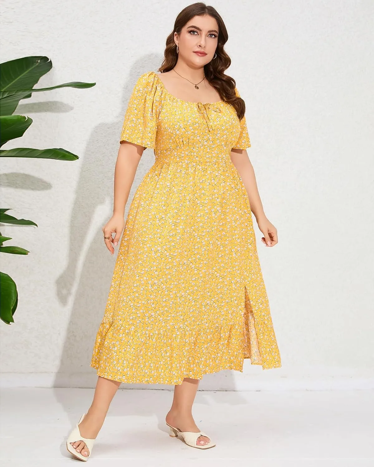 ShopWonder Womens Plus Size Square Neck Floral Print Summer Dress Ruffle Short Sleeve Tie Front Slit Hem Boho Maxi Dress