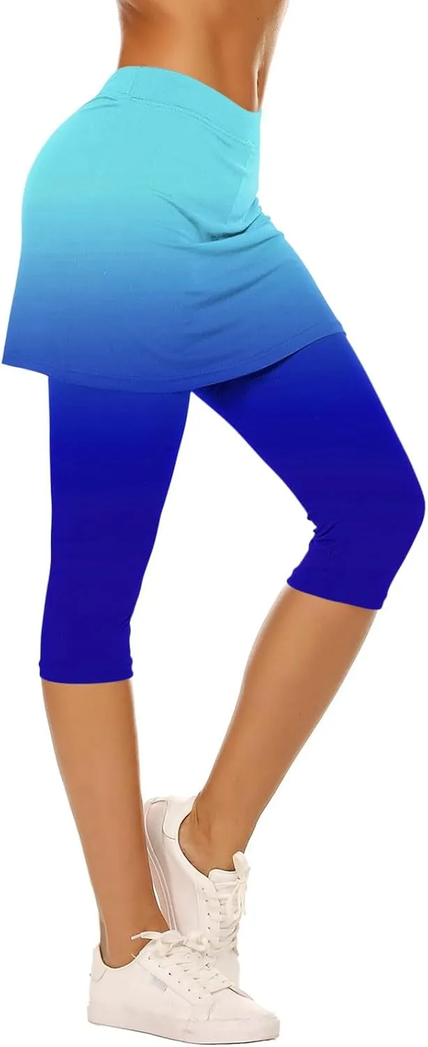 Skirted Leggings for Women Athletic Pickleball Tennis Skorts Capris Elastic Waist Workout Gym Yoga Legging with Skirt
