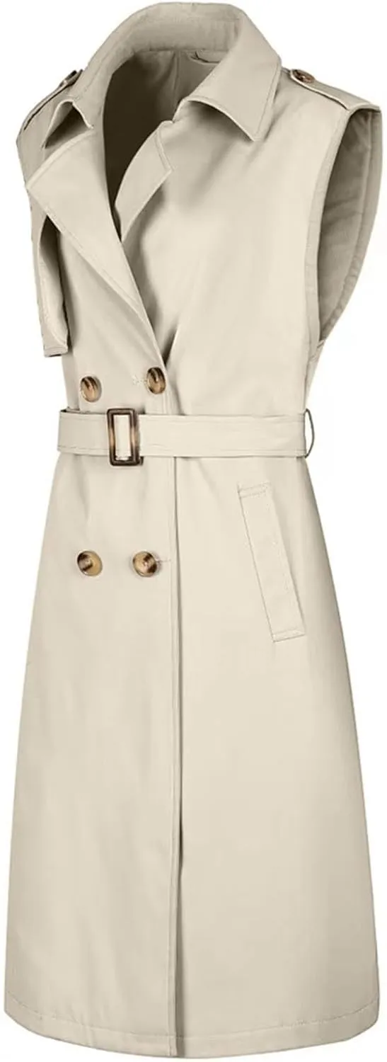 Sleeveless Trench Coat Women V Neck Double Breasted Belted Overcoat Business Casual Work Jacket Blazer Dress 2024