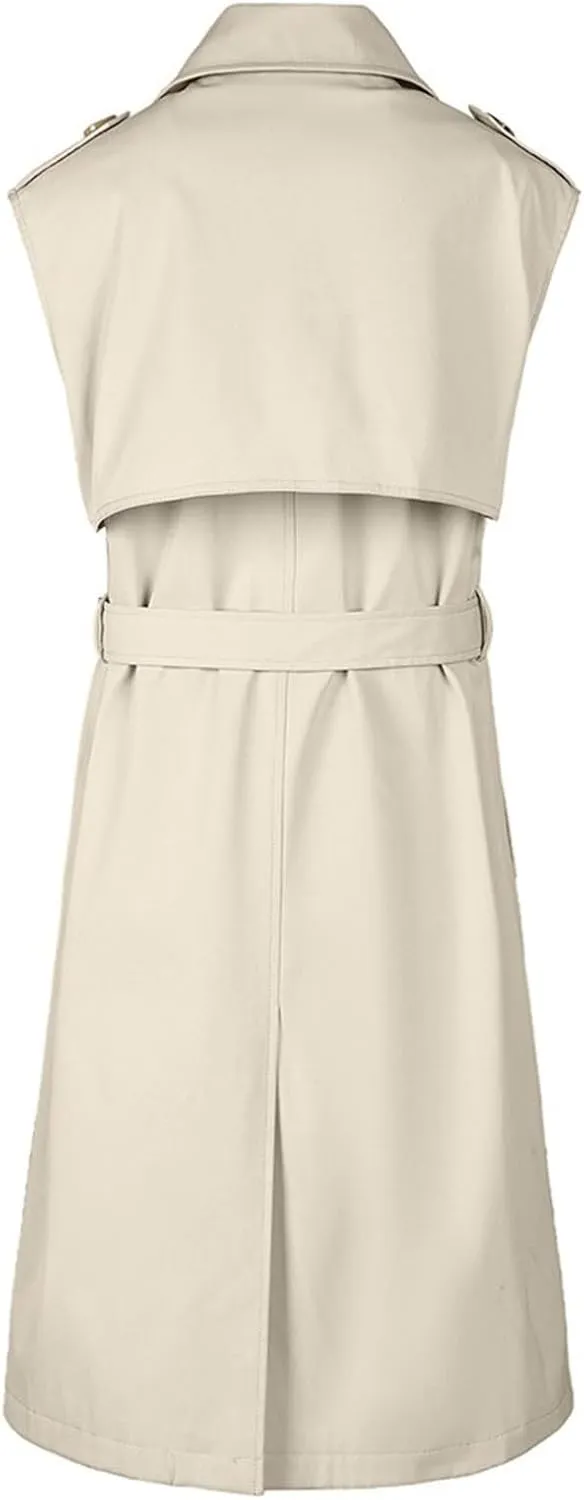 Sleeveless Trench Coat Women V Neck Double Breasted Belted Overcoat Business Casual Work Jacket Blazer Dress 2024