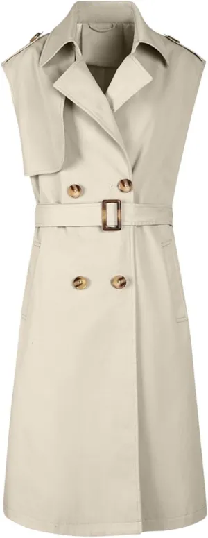 Sleeveless Trench Coat Women V Neck Double Breasted Belted Overcoat Business Casual Work Jacket Blazer Dress 2024